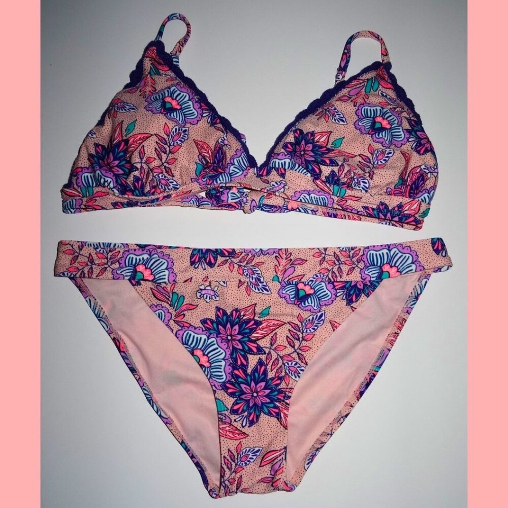 NWOT XHILARATION Floral Bikini Matching Set L/XL Crochet Purple